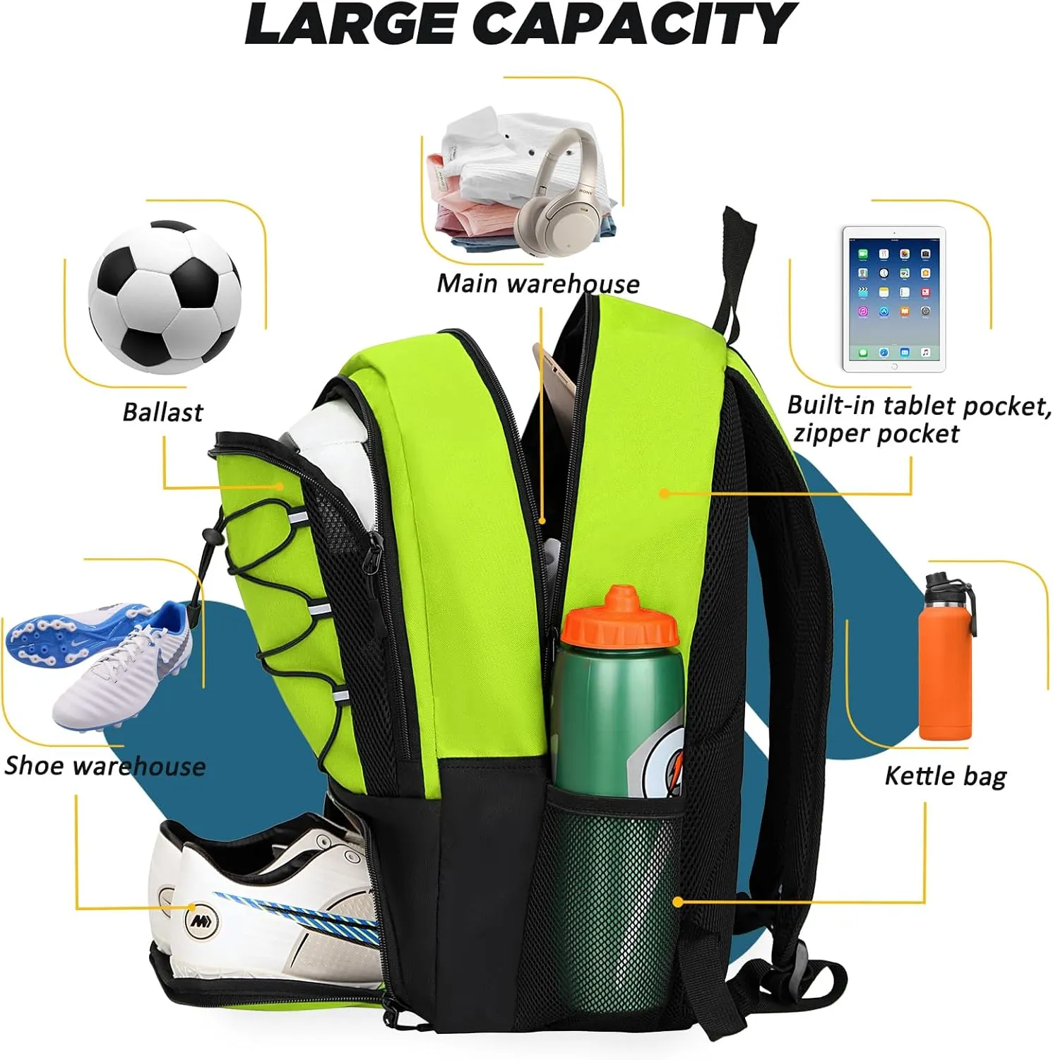 Goloni Soccer Bag, Basketball Bag with Ball Compartment & Shoe Compartment,Large Soccer Backpack for Basketball,Gym，Football