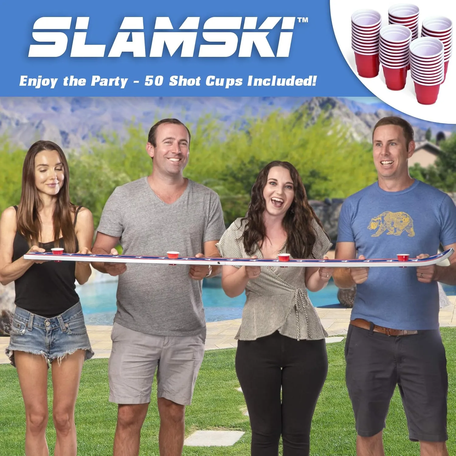 GoPong Slamski - Retro and Vintage Wood Designs - 4 Person Drinking Ski with 50 Plastic Shot Glasses