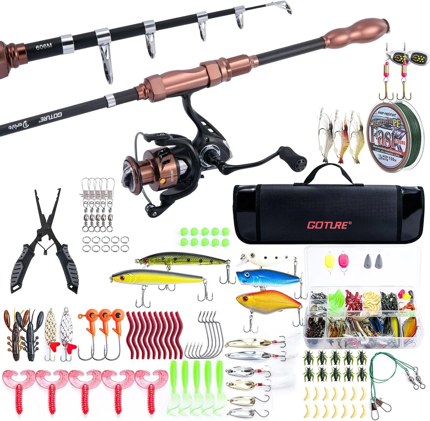 Goture Telescopic Fishing Pole Spinning Reel Lures Set, Fishing Combo for Starter, Travel, Saltwater, Freshwater, Gift