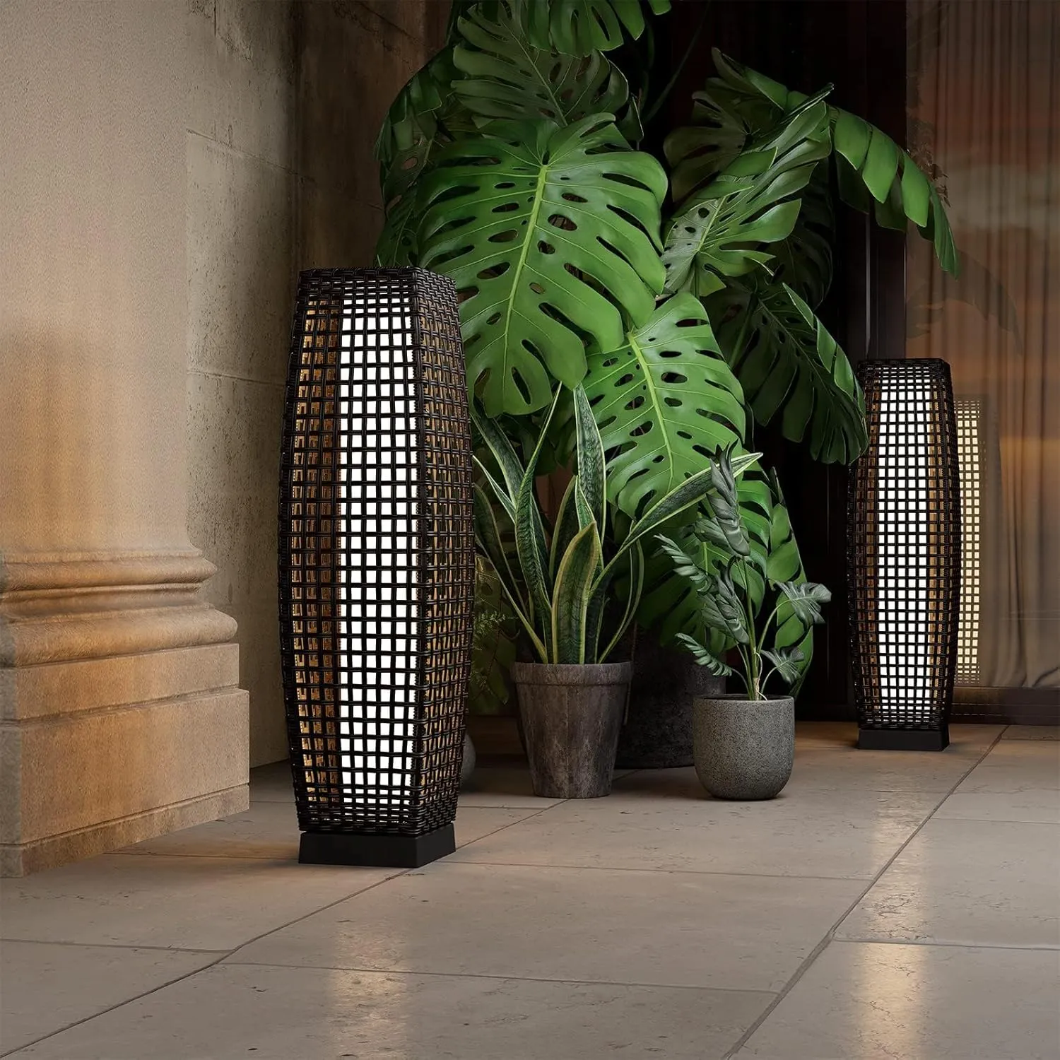 Grand patio 2-Piece Outdoor Floor Lamp Solar Powered Lantern Water-Resistant Wicker Deck Patio Light, Lamp Large-Sized for Garden or Porch-Large Fuji, Silver Gray