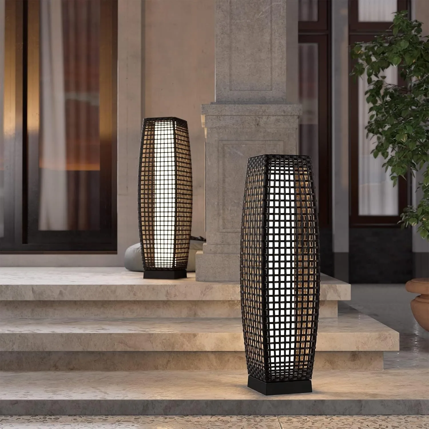 Grand patio 2-Piece Outdoor Floor Lamp Solar Powered Lantern Water-Resistant Wicker Deck Patio Light, Lamp Large-Sized for Garden or Porch-Large Fuji, Silver Gray
