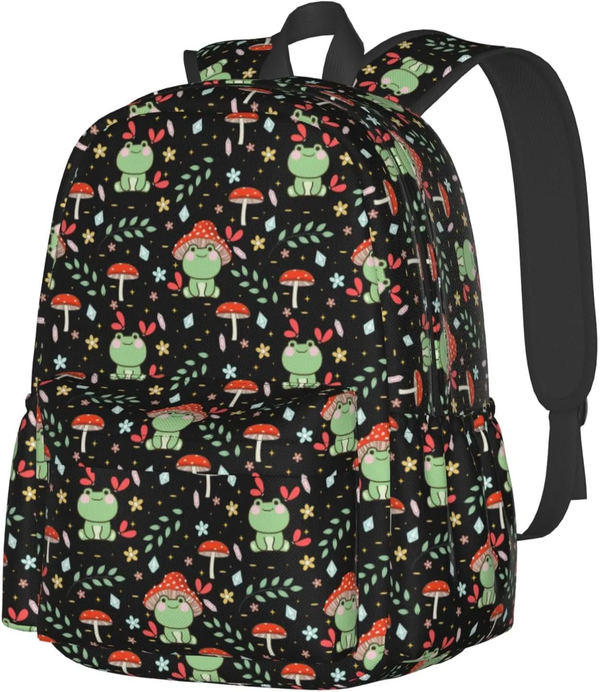 Green Frog Mushroom Waterproof Backpack Adjustable Shoulder Straps Bag Large Capacity Casual Daypack Bookbag For Travel Work