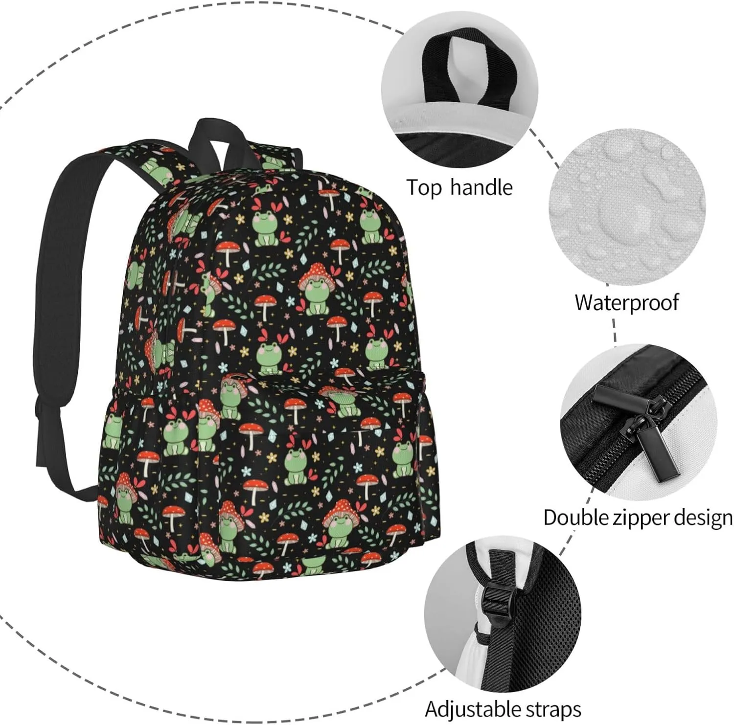 Green Frog Mushroom Waterproof Backpack Adjustable Shoulder Straps Bag Large Capacity Casual Daypack Bookbag For Travel Work