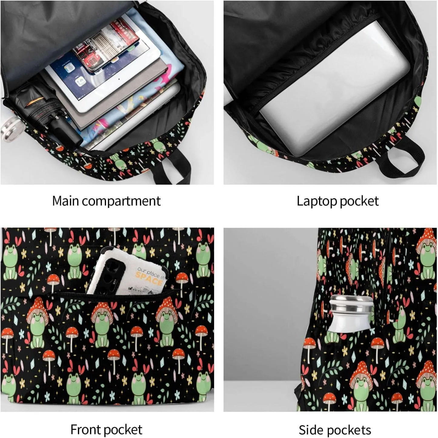 Green Frog Mushroom Waterproof Backpack Adjustable Shoulder Straps Bag Large Capacity Casual Daypack Bookbag For Travel Work