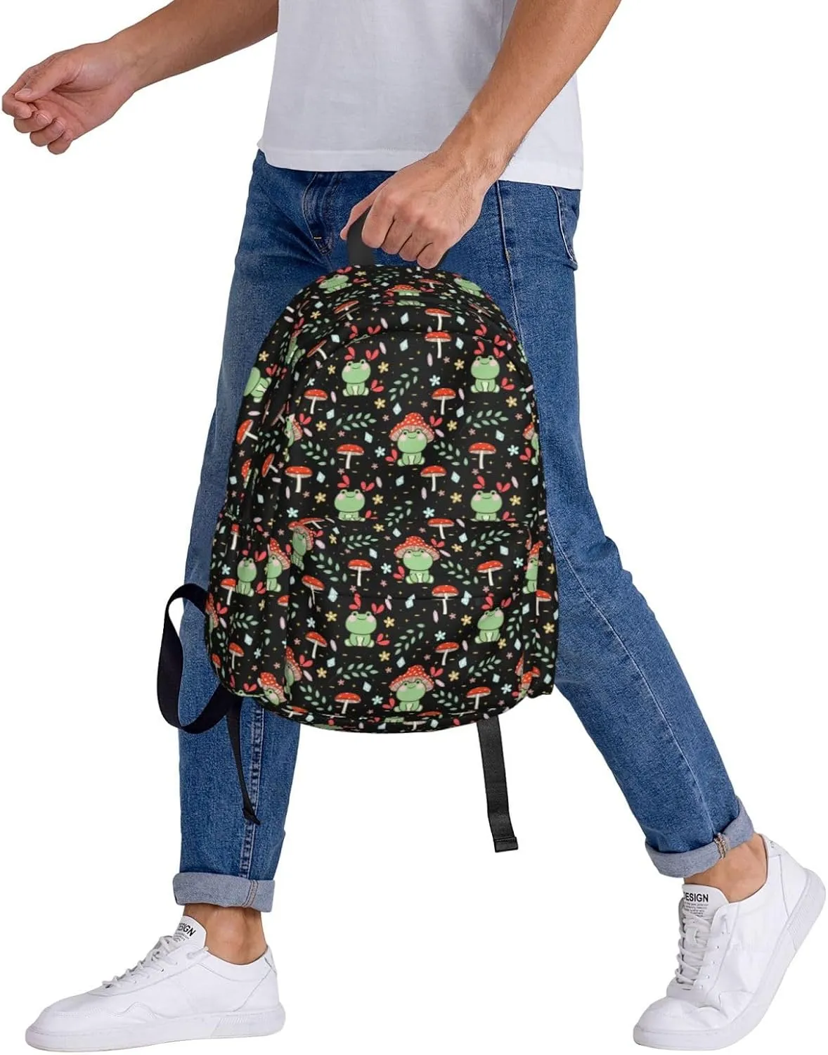 Green Frog Mushroom Waterproof Backpack Adjustable Shoulder Straps Bag Large Capacity Casual Daypack Bookbag For Travel Work