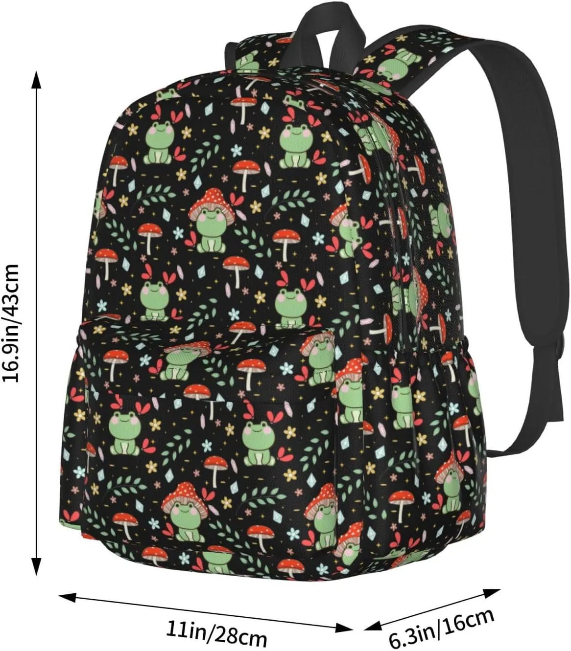 Green Frog Mushroom Waterproof Backpack Adjustable Shoulder Straps Bag Large Capacity Casual Daypack Bookbag For Travel Work