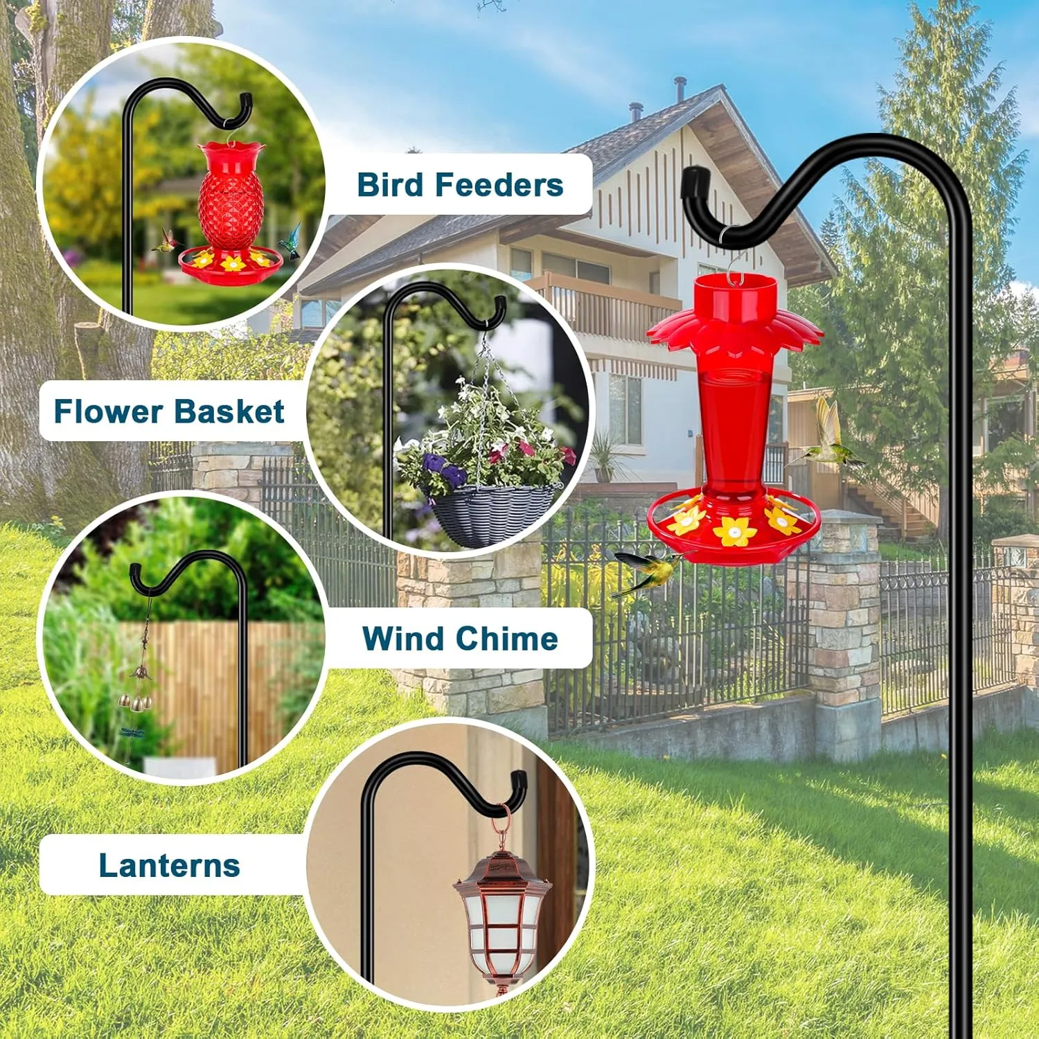 Gtongoko Shepherds Hook for Outdoor, 76 Inch Bird Feeder Pole with 7 Prongs Base, 3/4 Inch Thick Heavy Duty Adjustable Garden Hook for Hanging Plant, Hummingbird Feeder, Lantern, 2 Pack