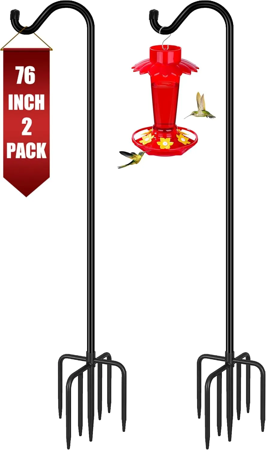Gtongoko Shepherds Hook for Outdoor, 76 Inch Bird Feeder Pole with 7 Prongs Base, 3/4 Inch Thick Heavy Duty Adjustable Garden Hook for Hanging Plant, Hummingbird Feeder, Lantern, 2 Pack