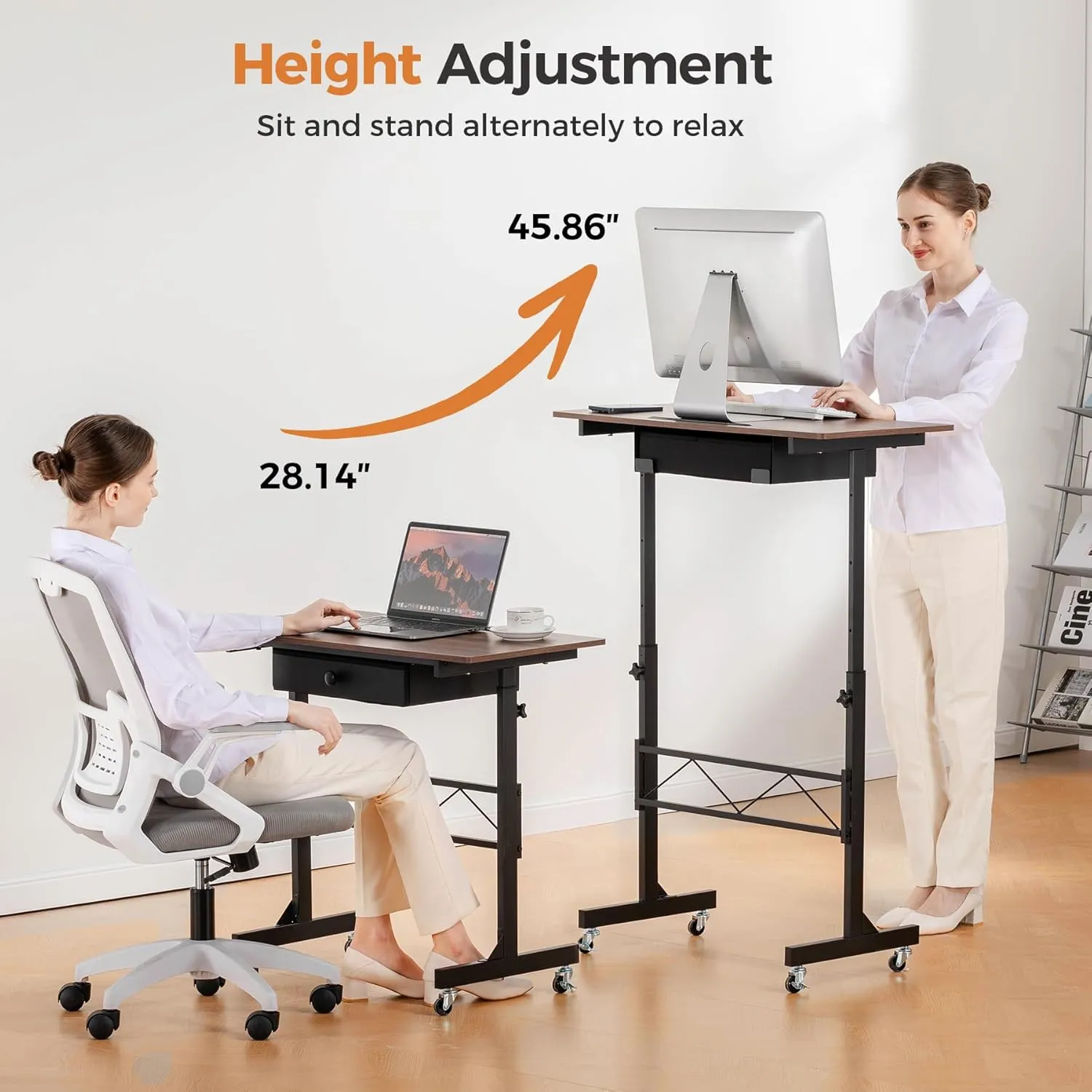 GTRACING Small Standing Desk Adjustable Height Small Computer Desk Mobile Portable Rolling Laptop Table with Wheels 32" Computer Workstation Sit Stand Desks Portable Standing Table Treadmill desks