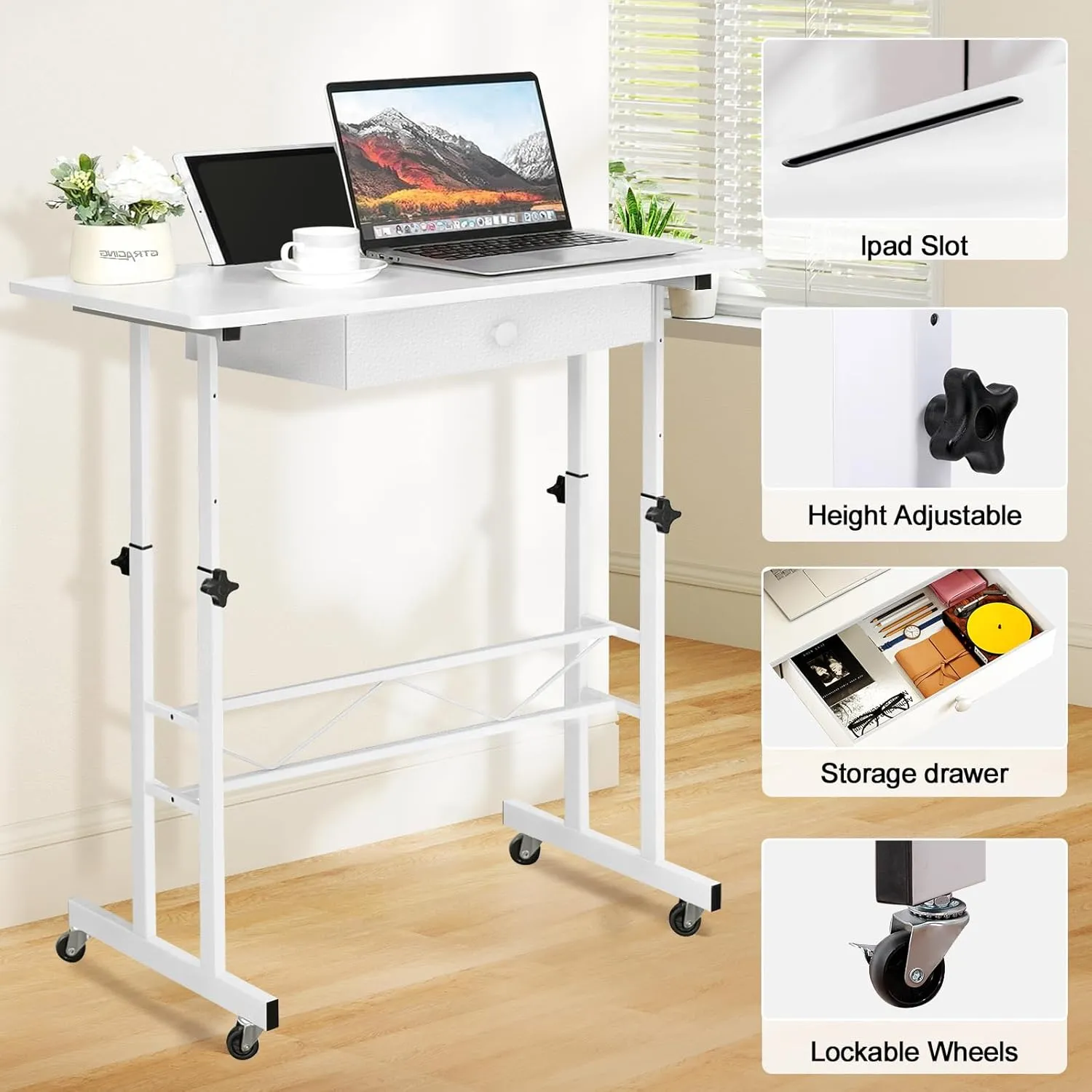GTRACING Small Standing Desk Adjustable Height Small Computer Desks Mobile Portable Rolling Laptop Table with Wheels 32" Sit Stand Desk Portable Desks Standing Table Treadmill desks