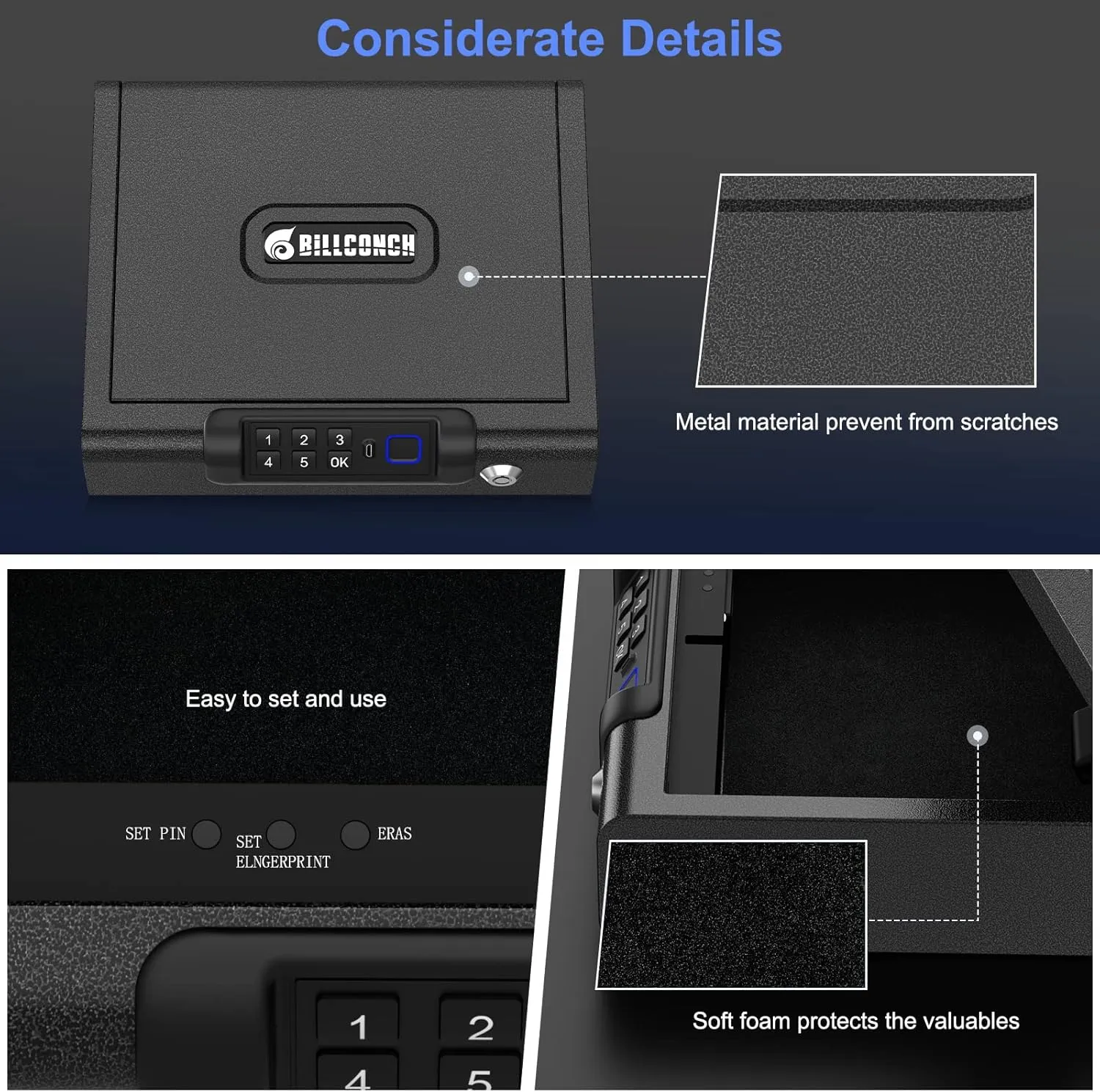 Gun Safe,Biometric Gun Safe for Pistols 3-Ways unlock Fingerprint Digital PIN Key Unlock with Sound, Lock box for Cloakroom living room Bedroom Nightstand and Car BILLCONCH