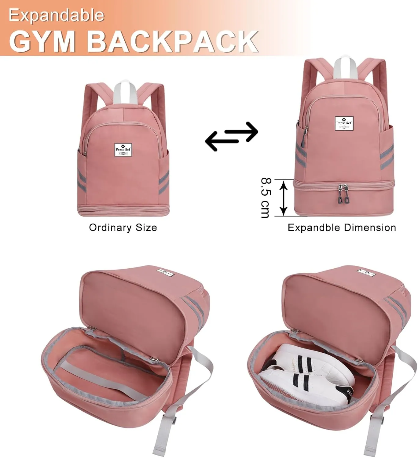 Gym Backpack for Women Foldable Sports Gym Bag with Shoe Compartment & Wet Pocket Travel Backpack Casual Daypack, Pink