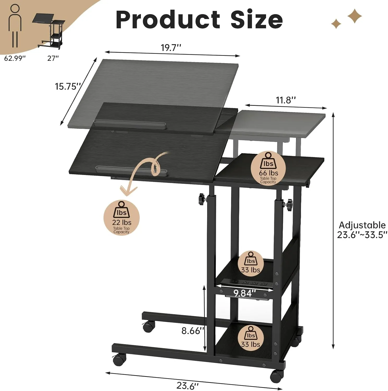 Hadulcet Adjustable C Table with Charging Station, Tiltable Desk C Shaped End Table for Couch, Over Bed Stand with Wheels Adjustable Height, Hospital Table Laptop Stand Drawing Desk, Black