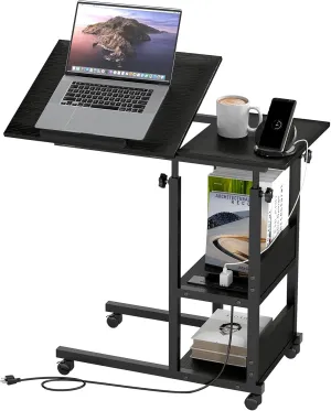 Hadulcet Adjustable C Table with Charging Station, Tiltable Desk C Shaped End Table for Couch, Over Bed Stand with Wheels Adjustable Height, Hospital Table Laptop Stand Drawing Desk, Black