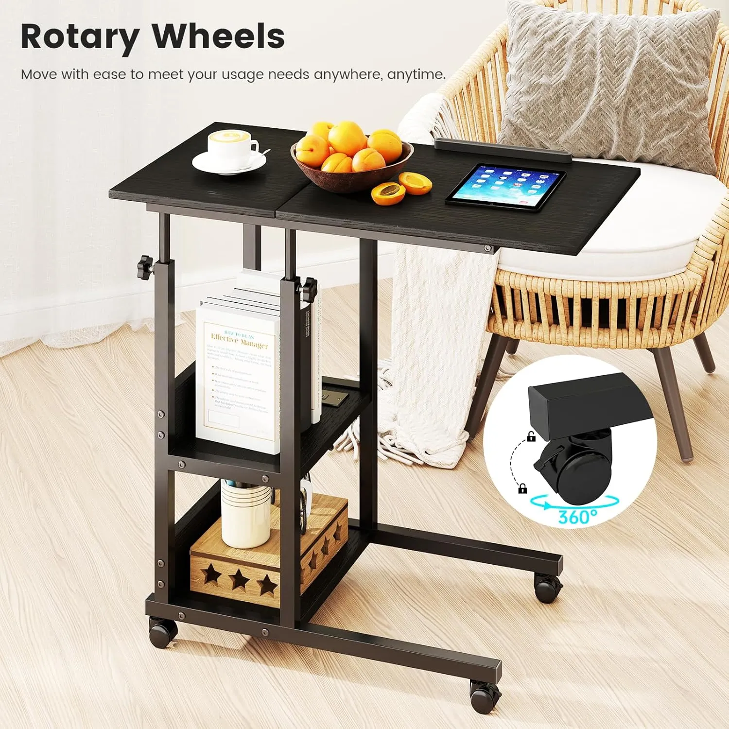 Hadulcet Adjustable C Table with Charging Station, Tiltable Desk C Shaped End Table for Couch, Over Bed Stand with Wheels Adjustable Height, Hospital Table Laptop Stand Drawing Desk, Black