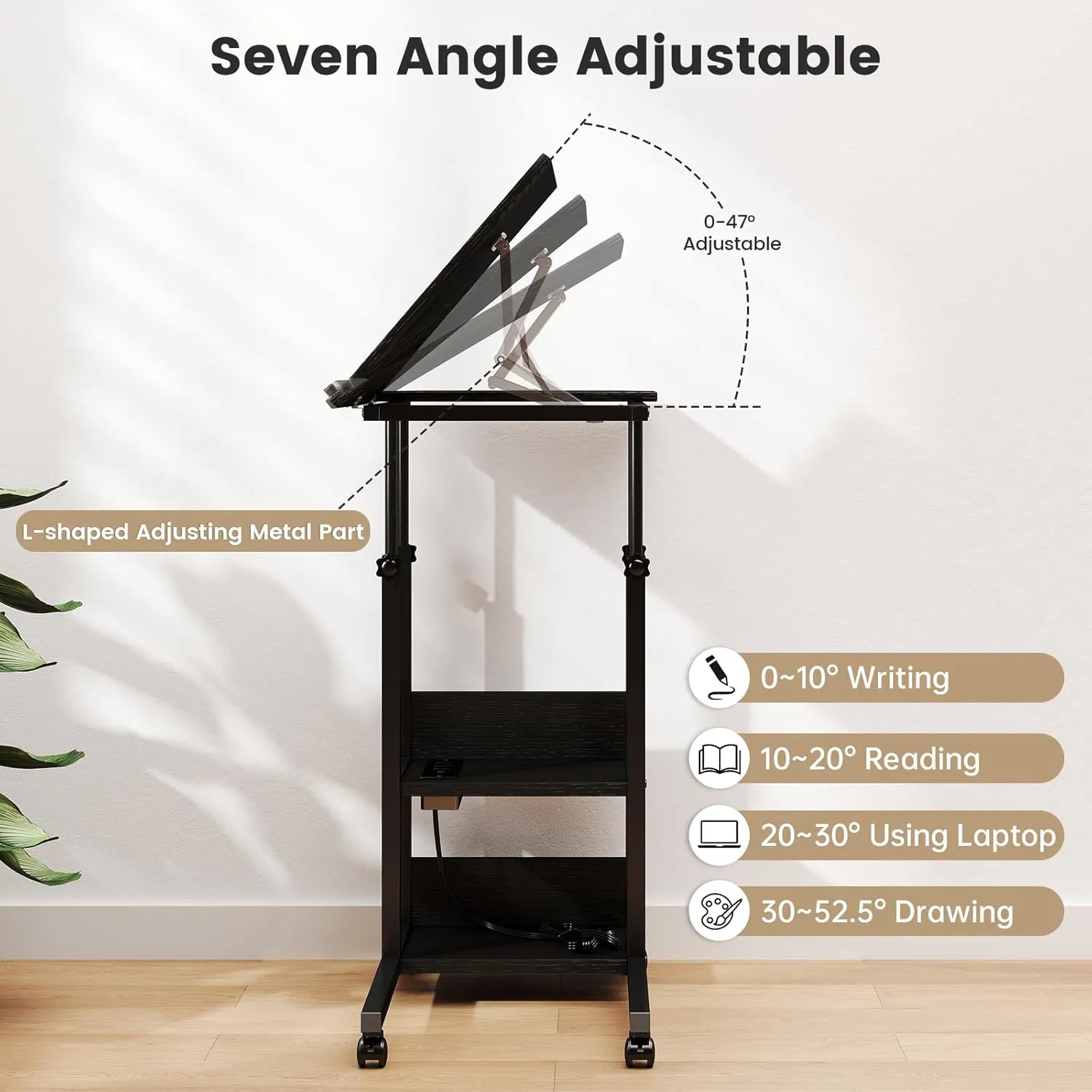 Hadulcet Adjustable C Table with Charging Station, Tiltable Desk C Shaped End Table for Couch, Over Bed Stand with Wheels Adjustable Height, Hospital Table Laptop Stand Drawing Desk, Black