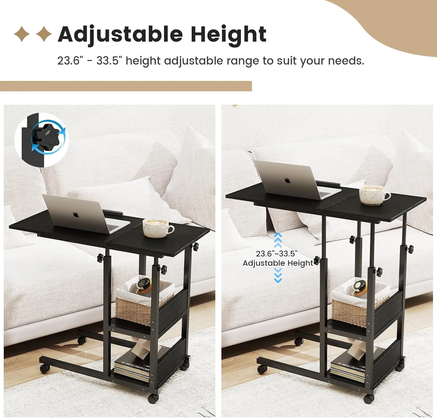 Hadulcet Adjustable C Table with Charging Station, Tiltable Desk C Shaped End Table for Couch, Over Bed Stand with Wheels Adjustable Height, Hospital Table Laptop Stand Drawing Desk, Black