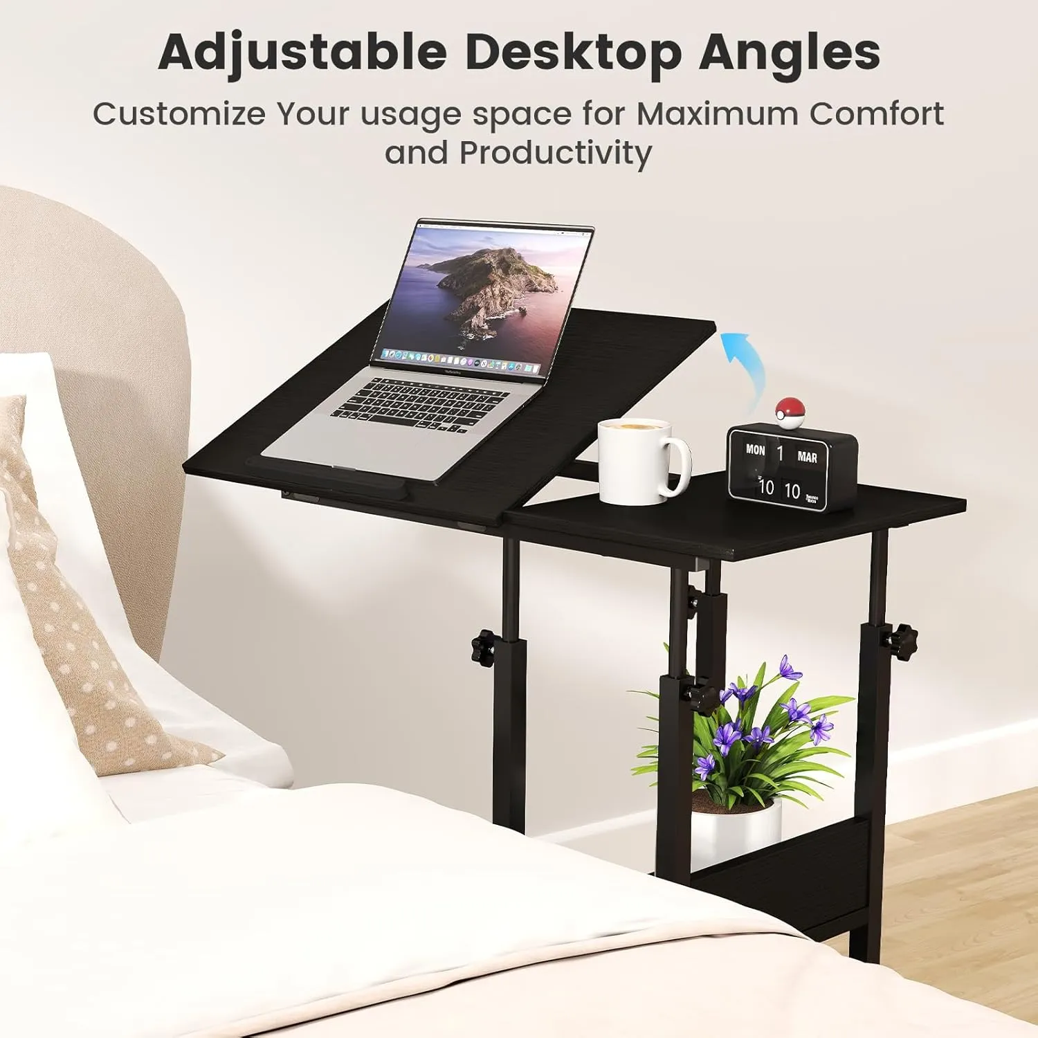 Hadulcet Adjustable C Table with Charging Station, Tiltable Desk C Shaped End Table for Couch, Over Bed Stand with Wheels Adjustable Height, Hospital Table Laptop Stand Drawing Desk, Black