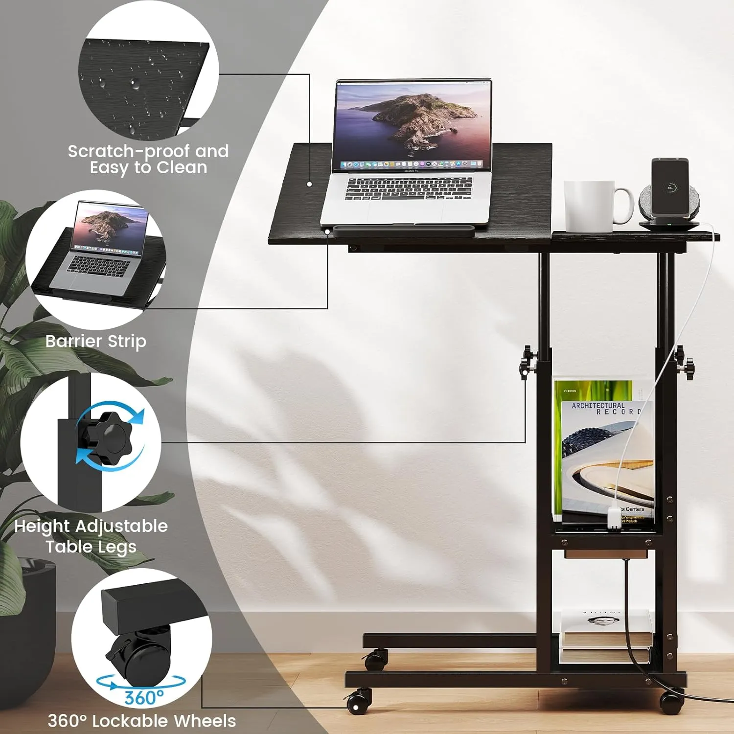 Hadulcet Adjustable C Table with Charging Station, Tiltable Desk C Shaped End Table for Couch, Over Bed Stand with Wheels Adjustable Height, Hospital Table Laptop Stand Drawing Desk, Black