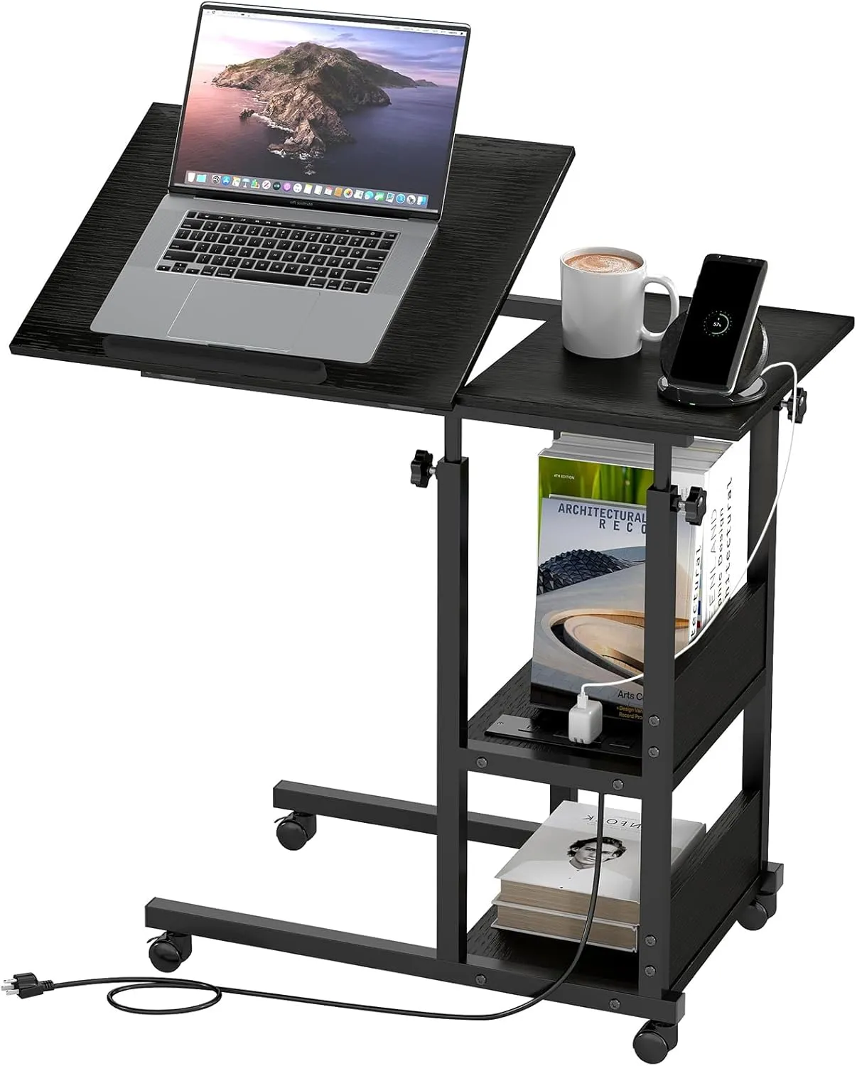 Hadulcet Adjustable C Table with Charging Station, Tiltable Desk C Shaped End Table for Couch, Over Bed Stand with Wheels Adjustable Height, Hospital Table Laptop Stand Drawing Desk, Black