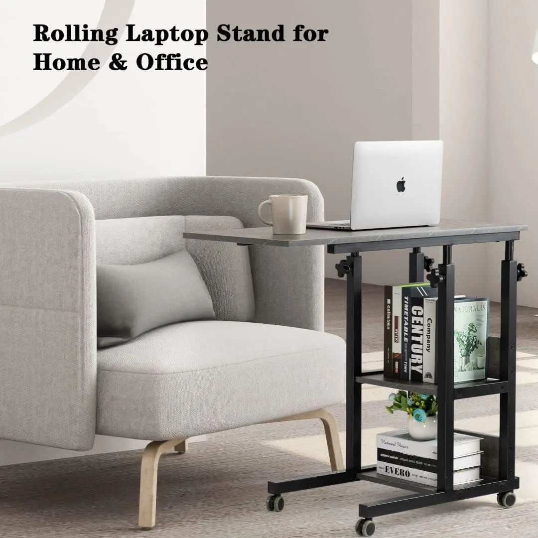 Hadulcet C Shaped Side Table Adjustable, Height Adjustable C Table with Wheels and Storage Shelves for Couch Bed Recliner Dark Grey