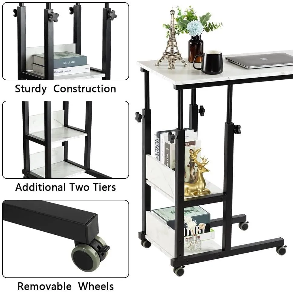 Hadulcet C Shaped Side Table Adjustable, Height Adjustable C Table with Wheels and Storage Shelves for Couch Bed Recliner