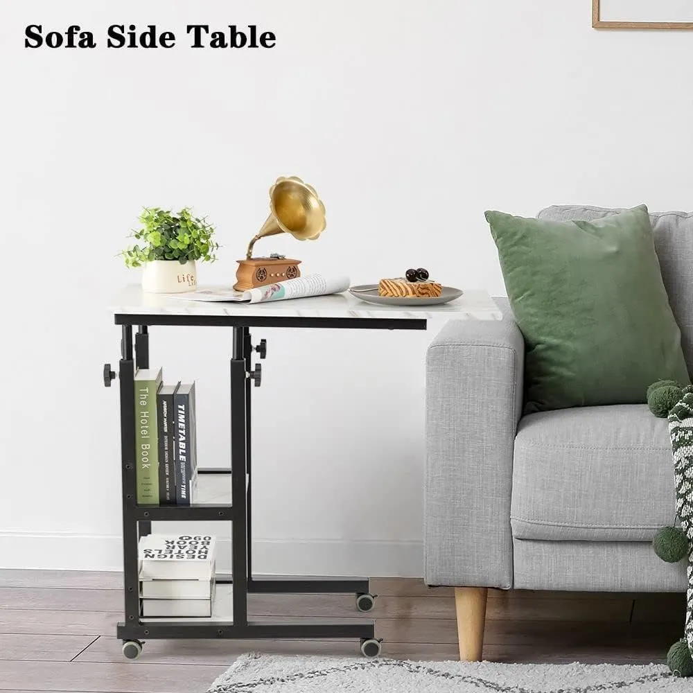 Hadulcet C Shaped Side Table Adjustable, Height Adjustable C Table with Wheels and Storage Shelves for Couch Bed Recliner