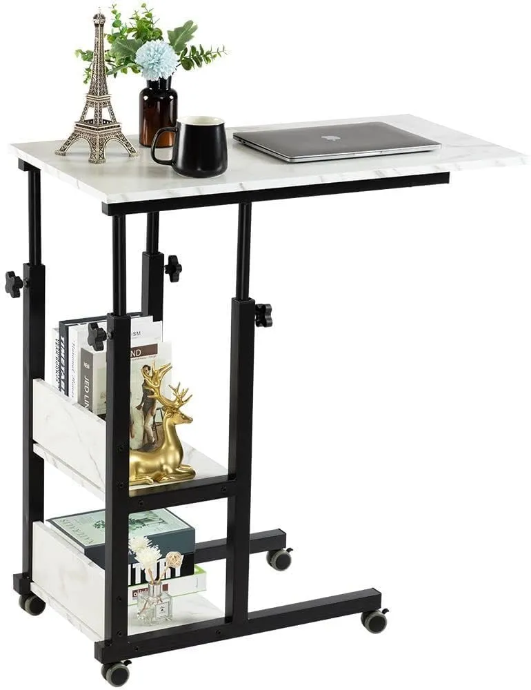 Hadulcet C Shaped Side Table Adjustable, Height Adjustable C Table with Wheels and Storage Shelves for Couch Bed Recliner