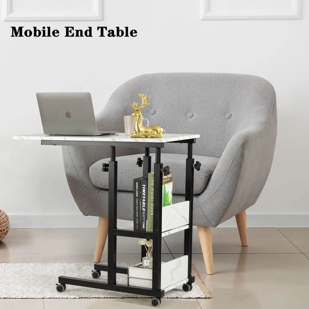 Hadulcet C Shaped Side Table Adjustable, Height Adjustable C Table with Wheels and Storage Shelves for Couch Bed Recliner
