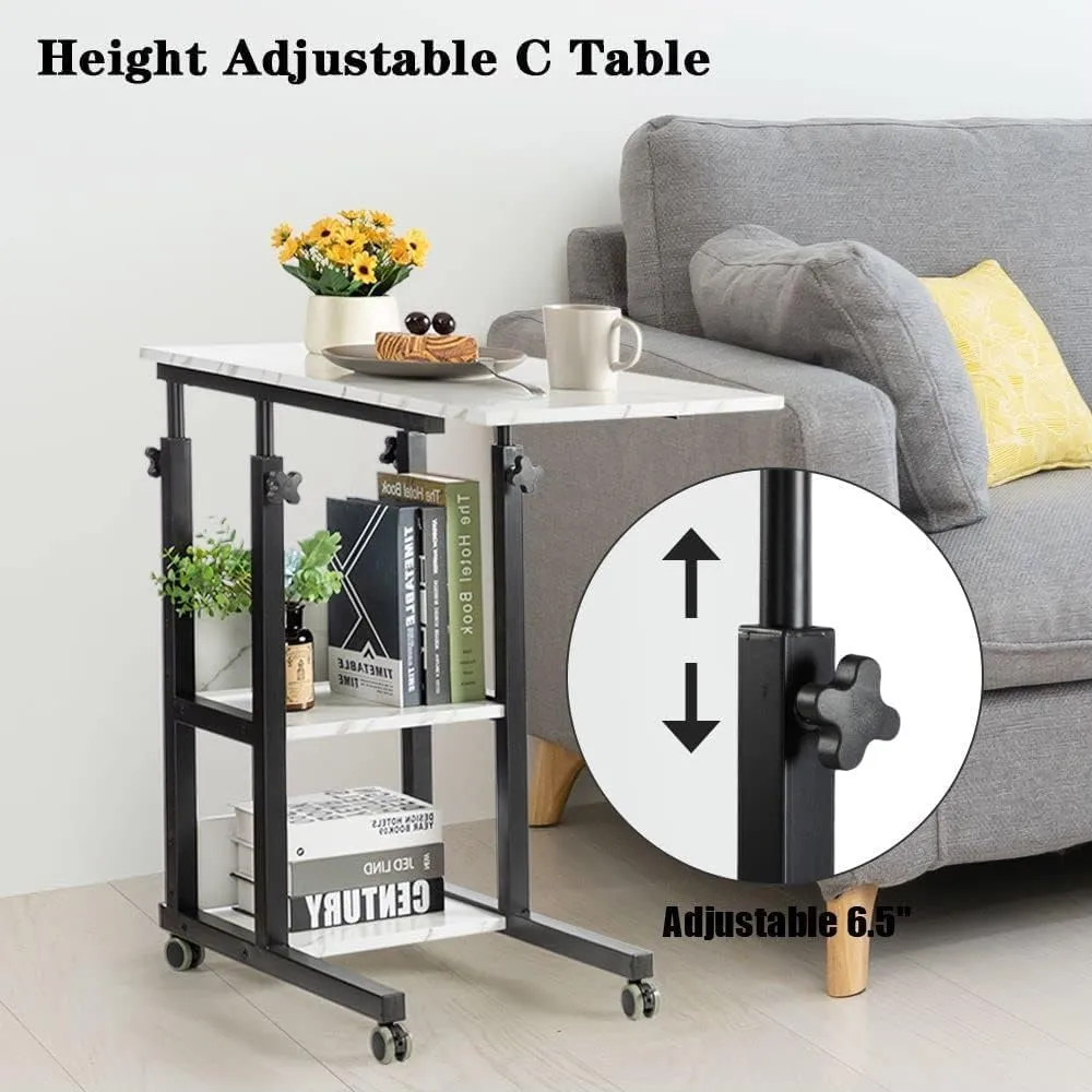 Hadulcet C Shaped Side Table Adjustable, Height Adjustable C Table with Wheels and Storage Shelves for Couch Bed Recliner