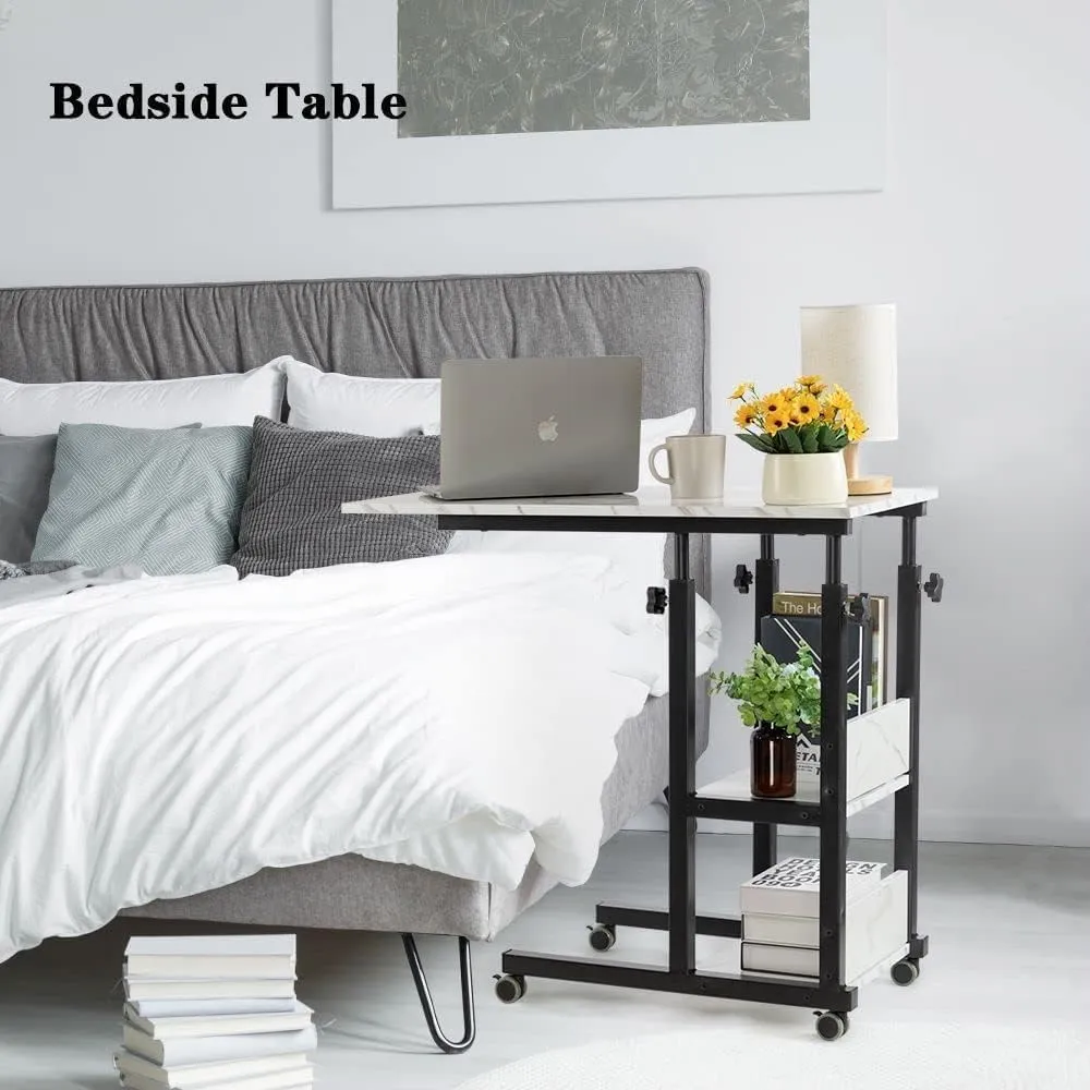 Hadulcet C Shaped Side Table Adjustable, Height Adjustable C Table with Wheels and Storage Shelves for Couch Bed Recliner