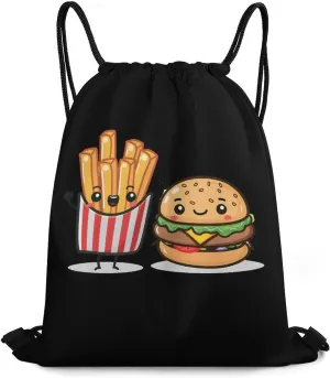 Hamburger Burger Fast Food French Fries Sports Gym Bag Lightweight Drawstring Backpack String Bag for Travel Hiking