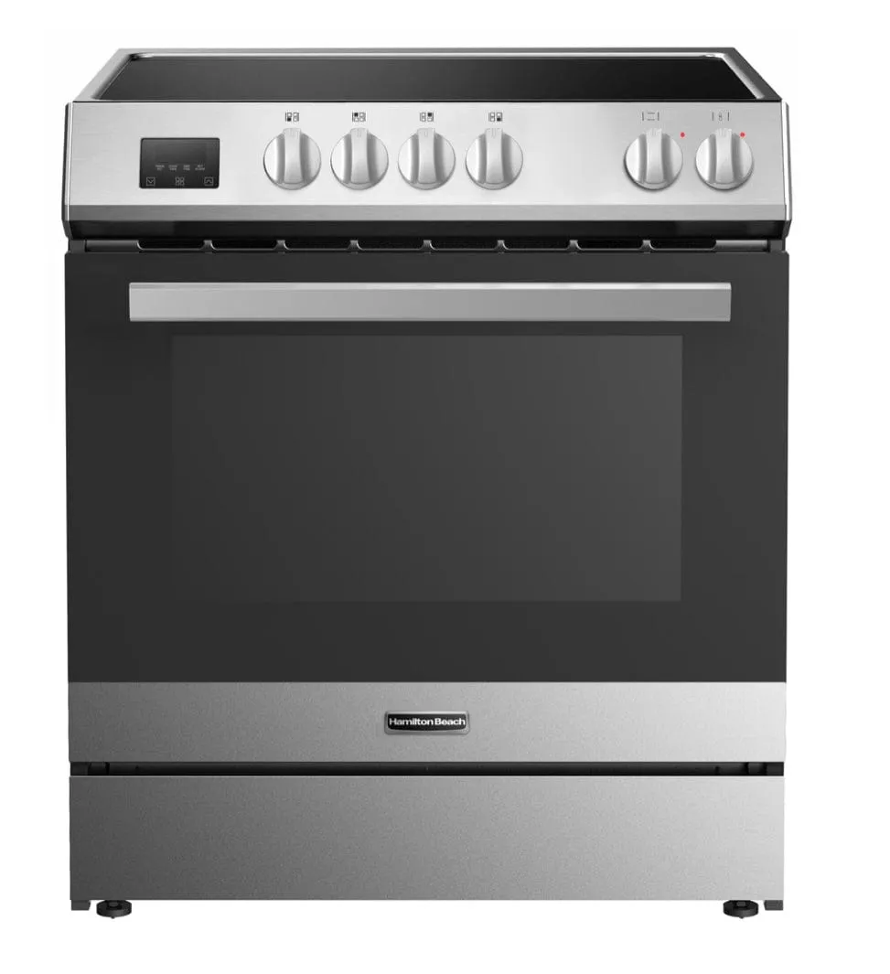 Hamilton Beach HBRD370 Dual Fuel Range, 5 cu. ft. Capacity, 30 inch Exterior Width, Convection, 5 Burners, Air Fry, Self Clean, Stainless Steel color.  HBRD370