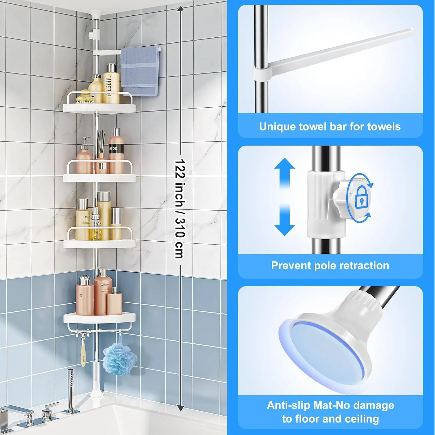 HAMITOR Corner Shower Caddy Tension Pole: Adjustable Stainless Steel Shower Organizer with 4 Tier Shelf for Bathroom Bathtub Tub Shampoo - Floor Standing Rack Bath Storage Holder with Rust Proof Rods