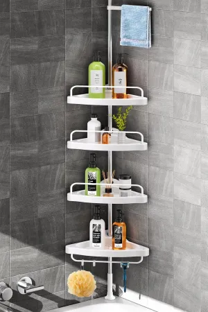 HAMITOR Corner Shower Caddy Tension Pole: Adjustable Stainless Steel Shower Organizer with 4 Tier Shelf for Bathroom Bathtub Tub Shampoo - Floor Standing Rack Bath Storage Holder with Rust Proof Rods