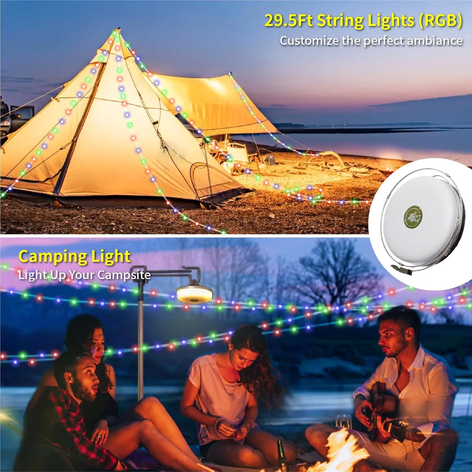 HAMLITE Camping Light String, 3 in 1 Camping Light Rechargeable(29.5Ft), RGB Portable Outdoor String Lights, Durable Tent Fairy Lights, USB Camp Lights for Camper, Tent, RV, Hiking Multi-Modes