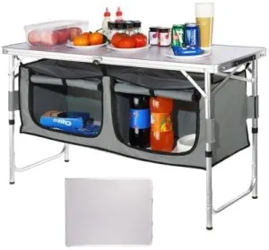 Happybuy Camping Kitchen Table, Quick Set-up Folding Table with Carrying Bag, 3 Adjustable Heights, MDF, for Picnics, BBQs, RV Travel