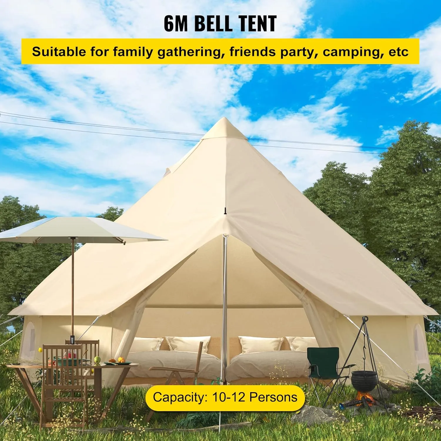 Happybuy Canvas Bell Tent - 4 Seasons Breathable 100% Cotton Canvas Yurt - w/Stove Jack, Luxury Glamping Tent Waterproof for Family Camping, Hunting, Party