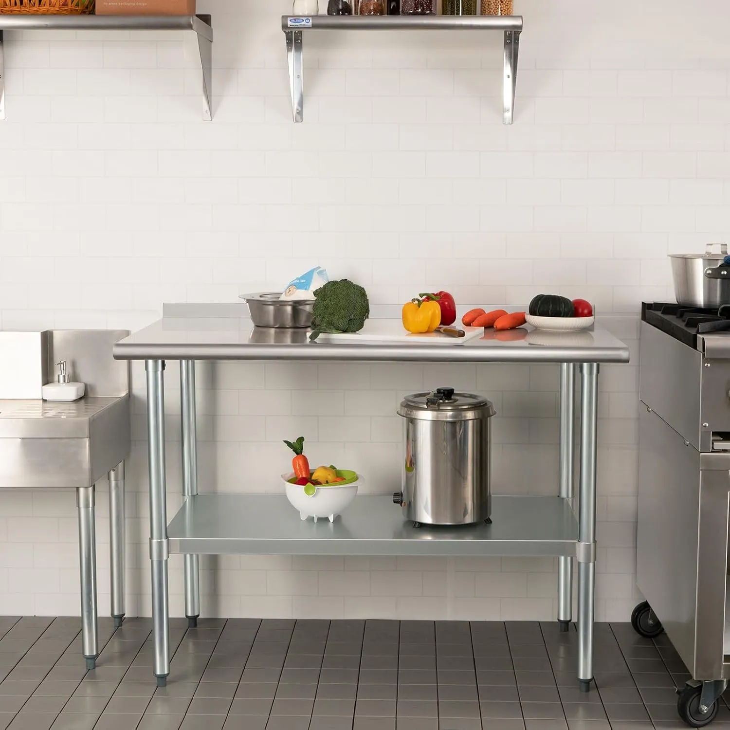 HARDURA Stainless Steel Table Prep & Work Table 24 x 48 Inches NSF Heavy Duty Commercial with Undershelf and Backsplash for Restaurant Kitchen Home and Hotel