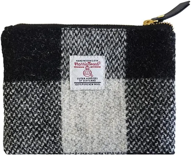 Harris Tweed Coin Purse Handmade Lipstick Bag Vintage British Portable Credit Card ID Wallet with YKK Zipper for Women men (Black and white grid, Medium)