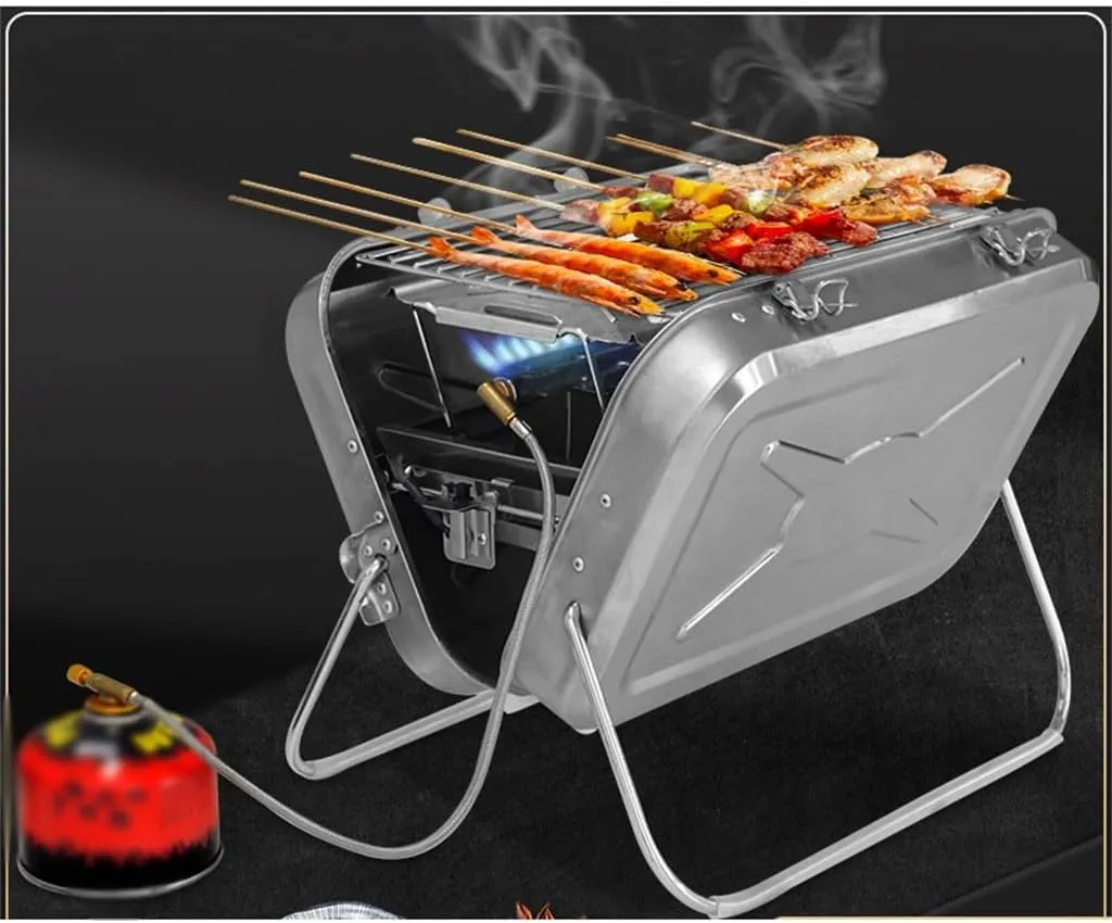 HBJWOV Stainless Steel Gas Barbecue Stove Camping Folding Barbecue Rack Outdoor Portable Gas Barbecue Stove