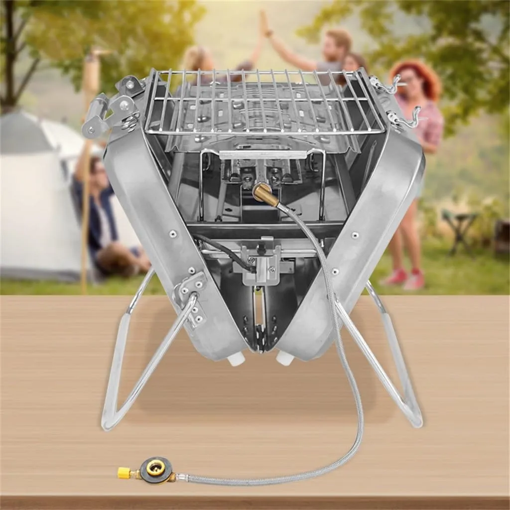HBJWOV Stainless Steel Gas Barbecue Stove Camping Folding Barbecue Rack Outdoor Portable Gas Barbecue Stove