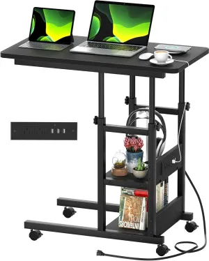 Height Adjustable C Shaped End Table with Charging Station, Mobile Laptop Side Table with USB Port and Wheels, Sofa Couch Table with 2-Tier Storage Shelve for Living Room Bedroom, Black