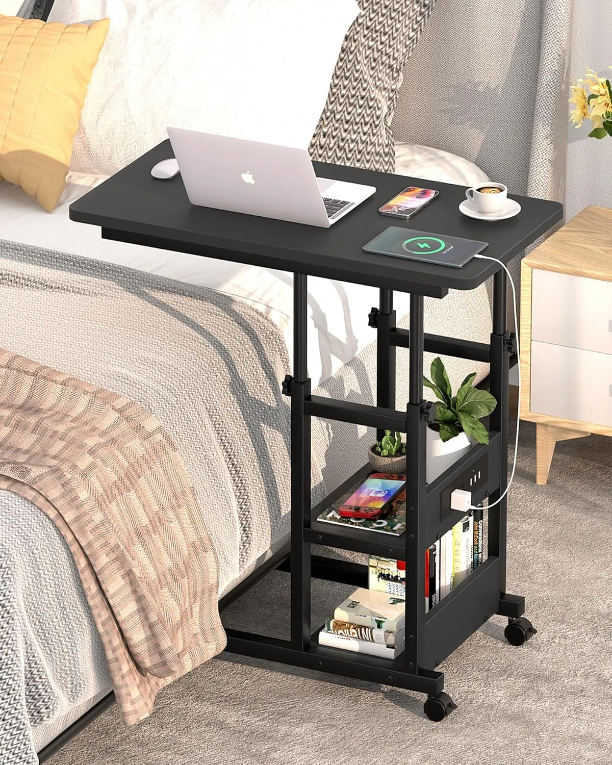 Height Adjustable C Shaped End Table with Charging Station, Mobile Laptop Side Table with USB Port and Wheels, Sofa Couch Table with 2-Tier Storage Shelve for Living Room Bedroom, Black