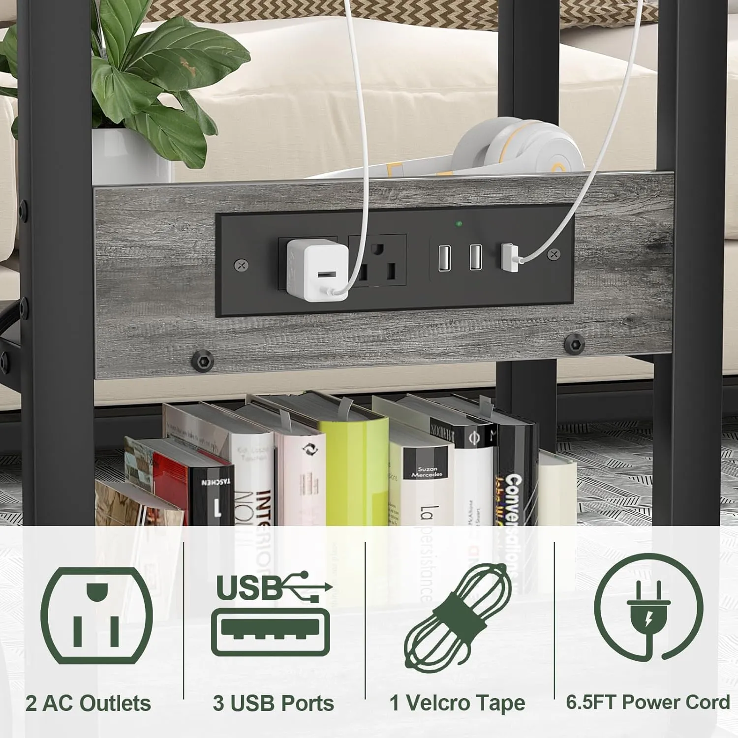 Height Adjustable C Shaped End Table with Charging Station, Mobile Laptop Side Table with USB Port and Wheels, Sofa Couch Table with 2-Tier Storage Shelve for Living Room Bedroom, Grey Oak