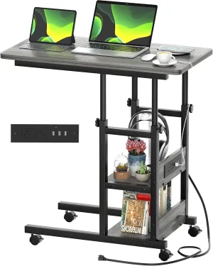 Height Adjustable C Shaped End Table with Charging Station, Mobile Laptop Side Table with USB Port and Wheels, Sofa Couch Table with 2-Tier Storage Shelve for Living Room Bedroom, Grey Oak