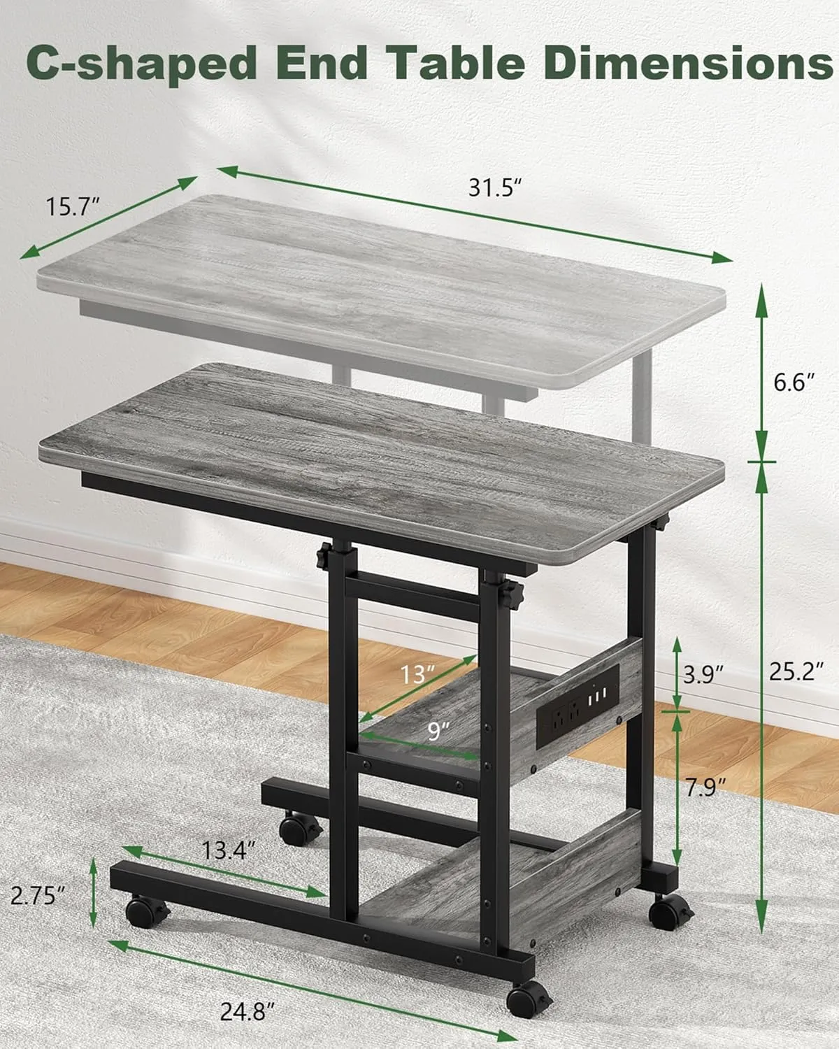 Height Adjustable C Shaped End Table with Charging Station, Mobile Laptop Side Table with USB Port and Wheels, Sofa Couch Table with 2-Tier Storage Shelve for Living Room Bedroom, Grey Oak