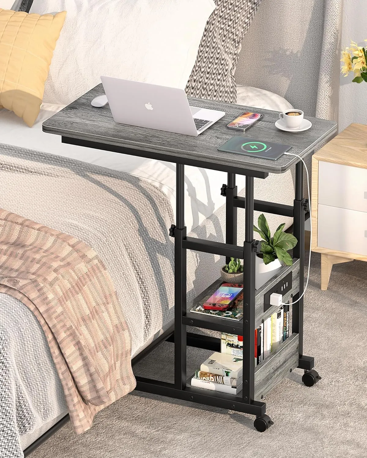 Height Adjustable C Shaped End Table with Charging Station, Mobile Laptop Side Table with USB Port and Wheels, Sofa Couch Table with 2-Tier Storage Shelve for Living Room Bedroom, Grey Oak