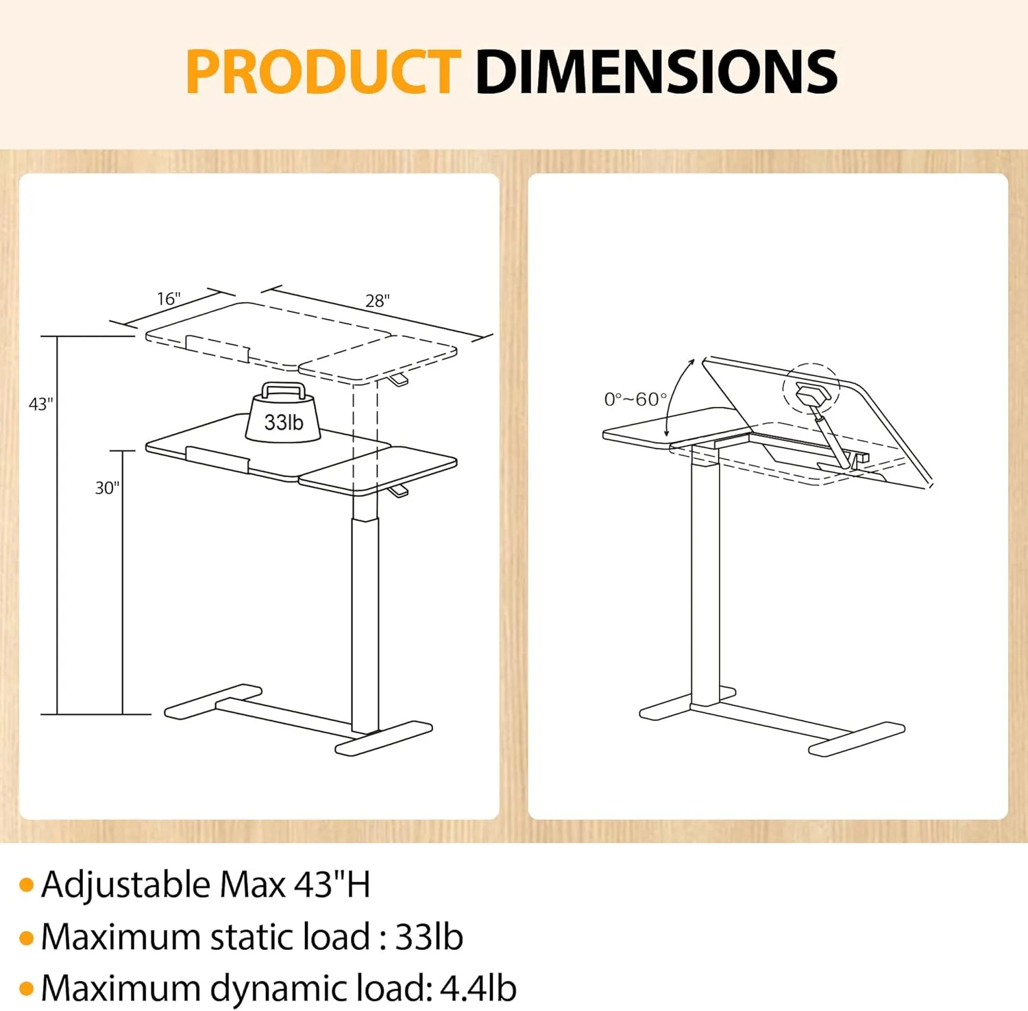 Height Adjustable Overbed Table with Tilting Top, Standing Desk Hospital Bed Table Bedside Sofa Side Table 16" D x 28" W, Right Hand Movable Overbed Table with Hidden Wheels, Greyish White