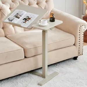 Height Adjustable Overbed Table with Tilting Top, Standing Desk Hospital Bed Table Bedside Sofa Side Table 16" D x 28" W, Right Hand Movable Overbed Table with Hidden Wheels, Greyish White